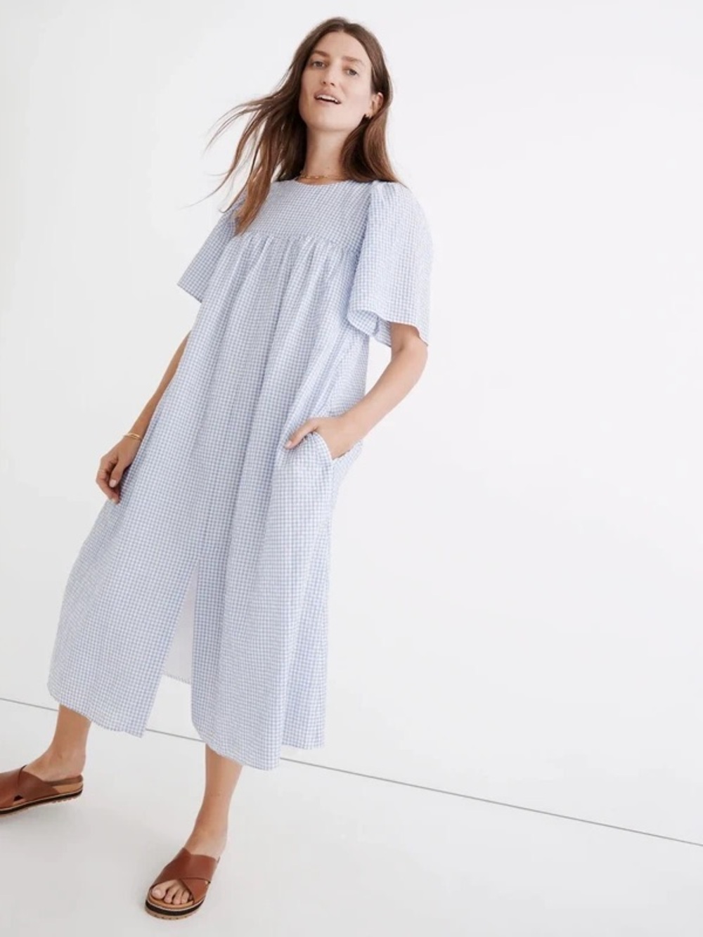 Madewell Light Blue Gingham Midi Smock Dress